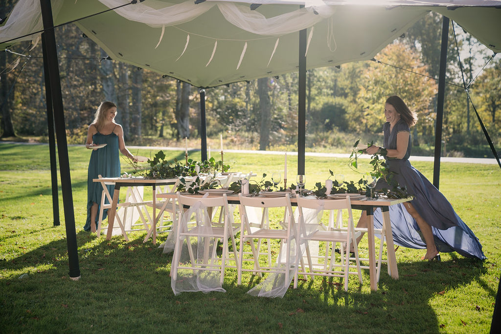 Nordic Stretch Tents - Scandinavian Plank Table & Fold It Chair