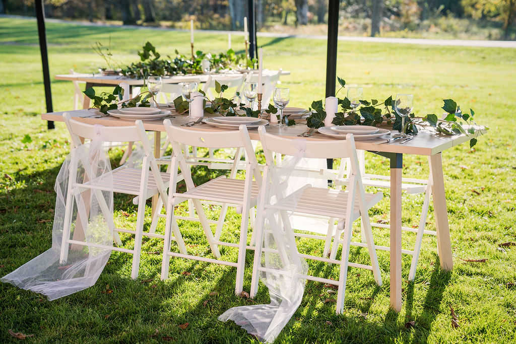 Nordic Stretch Tents - Scandinavian Plank Table & Fold It Chair